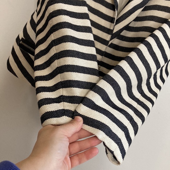 Maje Jacket Womens Small Gray Cream Cotton Striped Cropped Blazer Leather Trim - Picture 9 of 14